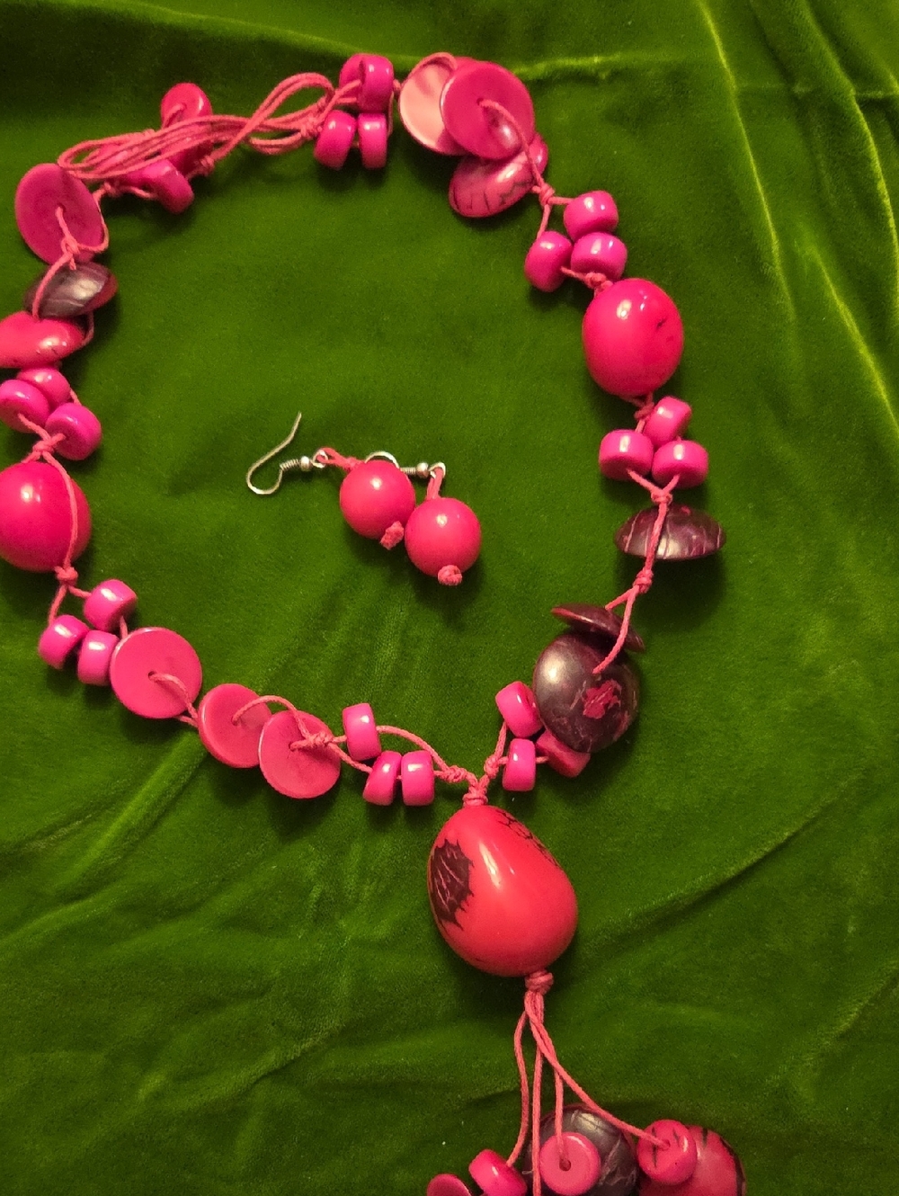 Handmade Pink Bead Statement 24" Necklace & Earring Set